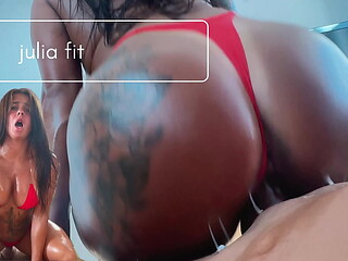 Hot Oily Bitch in Red Bikini Gets All White Sauce