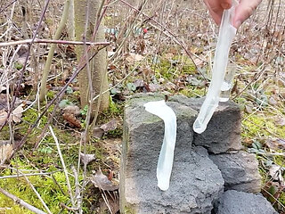 Making Cum From Two Filled Condoms After I Was Fucked Outdoors and My Jerk off After Cum Eating