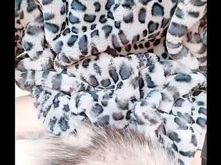 Femboy cosplaying in cute, fluffy snow leopard coat, Rubber Band Dick Snapping