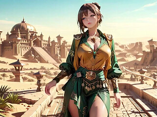 Green Gold Queen Coronation! Lazy Side-lying in the Desert Palace, Fingers Teasing Hair and Veil, Sun-kissed Skin Glistening.
