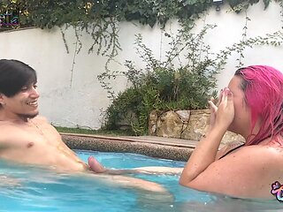 Steamy pool sex under the sun with a real couple in their mansion