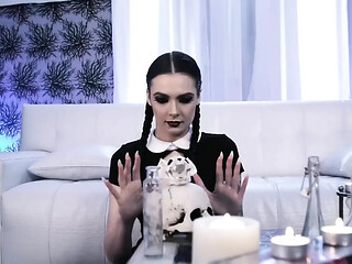 Goth Addams gets her tight pussy pounded hard by a burning angel
