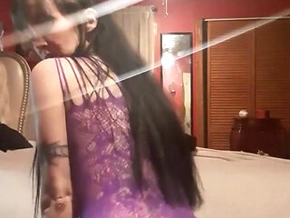 Stripping in a Purple Fishnet Crotchles