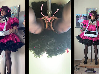 Sissy Maid with Her Serving Tray Riding Her Dildo Stand