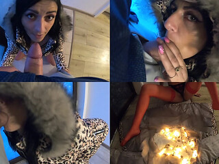 Brunette gets facefucked and covered in cum while wearing glossy jacket