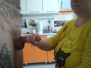 Mother-in-law again frees my balls from cum while doing blowjob