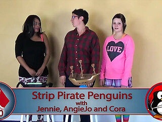 Three horny amateur girls with big boobs play a strip pirate penguin game