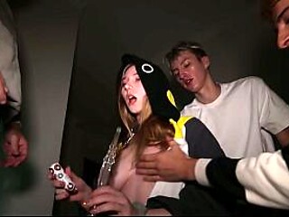 Three horny guys with massive cocks take turns pounding a cute student's
