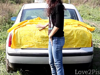 Hot and wet pee on a rain coat