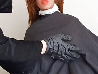 Ladyboy barberette X mini sexdoll black salon hairdresser cape modeling show
