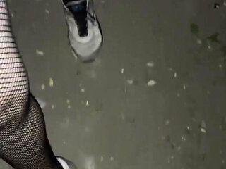 Night walking in pantyhose close road teen  boy flash no pants