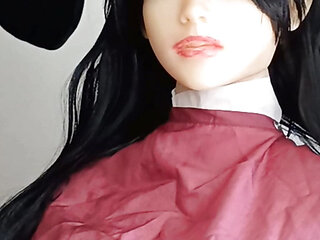 Busty Asian tpe sex doll models haircutting cape in front of ladyboy barberette