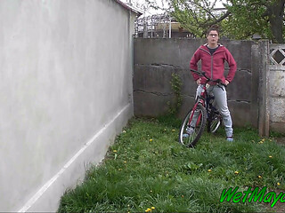 Pissing in the backyard on a cold day, and leaving on her bike