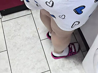Step mom in short pants in kitchen step pulled out his dick under table