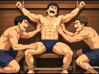 Sauna Bench Bound - Sweat-Slick Muscle Jock Tickled On Armpits And Abs (2D Anime Bara)