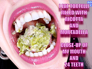 I Eat Tortelli Filled with Ricotta and Mortadella - Close-up of My Mouth and 24 Teeth