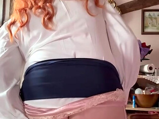 Wearing a short navy blue skirt to take a dildo