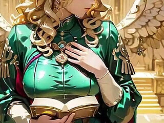 Blonde Angel Queen! Sacred Kneeling in a Grand Cathedral, the Green Robe Barely Hiding Her Soft Curves