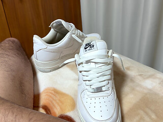 Hot fuck with my wife's Nike AF1 sneaker using the fleshlight and cumming inside