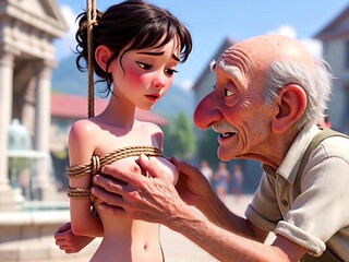 Tied Woman in Public Square - Old Man Caresses Her Body