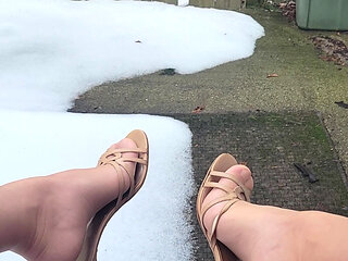 Wearing Nylons and Heels Outside Jacking Off