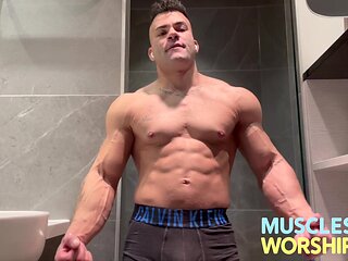 Young Alpha Bodybuilder Flexes Big Muscles