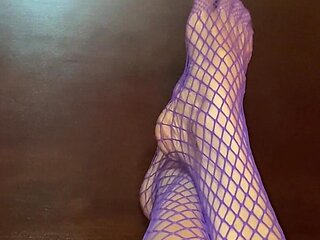 Really Sexy Legs with Tiny Feet with Long Toes in Purple Fishnet Stocking