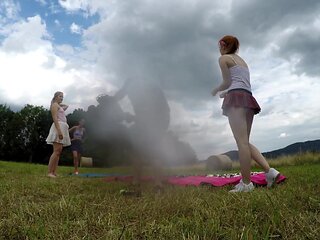 Yoga and Gymnastics Outdoors sans Underpants in College Uniform Mini-Skirt with Steamy Cock-Squeezing Poon Women
