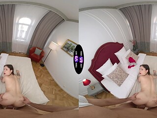 Teen Mandy Moon's seductive brown locks in VR as she gives a sloppy BJ