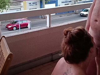 risky public blowjob and sex on the balcony ending with cumshot