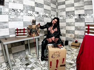 Dominant Leather MILF in Cold Room. Smoking, BDSM Boots, Cigar and Boom Orgasm