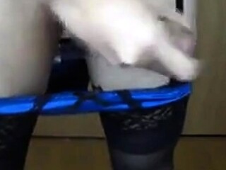 Crossdresser Cums in Condom While Wearing Blue Garter