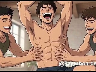 The Dare Circle - Strung From The Beam, Every Hand On His Abs (AI-Generated 2D Anime Bara)