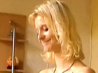 Skinny German Blonde Solo Action with Red Dildo in Bedroom