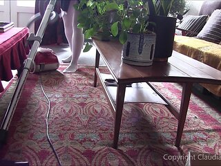 Vacuuming in White Pantihose