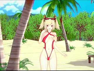 Busty anime girl enjoys public sex on the beach