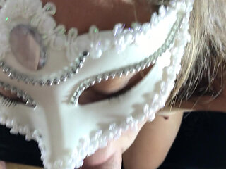 A Naked Girl in a Mask Gently Sucks a Dick. POV.