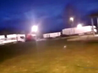 In a truck parking lot I find a super hot trucker in the toilet with a big cock