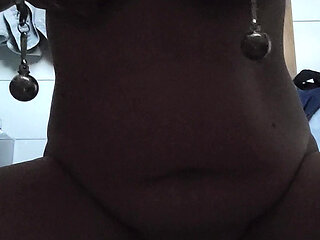 Dildo riding training with weights on my nipples - to please my Master