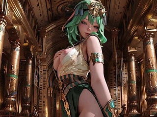 Green-Haired Egyptian Queen! Kneeling in the Golden Hall, guarded by Sphinxes.