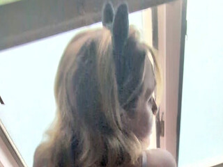 Blonde pussy cat fucked in window for neighbors to hear