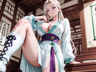White Kimono Maid! Kneeling in the Japanese Corridor, Huge Slit Revealing Wet Thighs Under the Sun.