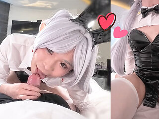 Blowjob Cowgirl sex with Frieren Bunny Girl cosplayer, hentai japanese shemale cosplay 7
