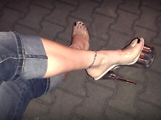 night walk - transparent high heels - public crossdressing