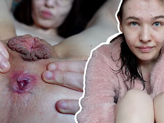 18-year-old very skinny girl, big labia, small tits shows you her whole body