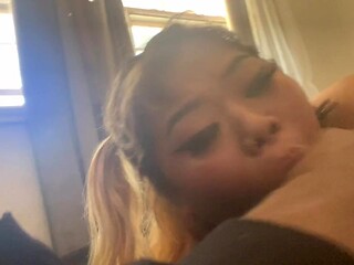 Asian babe gives a sloppy BJ before work