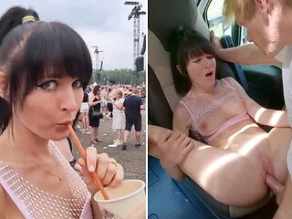 Festival Girl Fucked Hard in Campervan!!! Double Cum to Huge Squirting Pussy