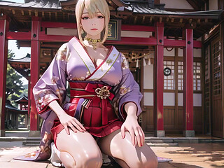 Purple Kimono Fantasy! Blonde Goddess in the Japanese Corridor, lazy gazes, hand on hips, sunlight drenching her skin.