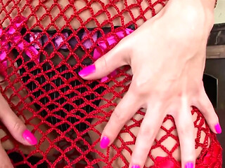 Sexy redhead teen in black fishnets loves double penetration