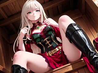 Blonde Hentai Knight Lounges Teasingly in Red and Green Armor as Her Silver-Haired Partner Kneels to